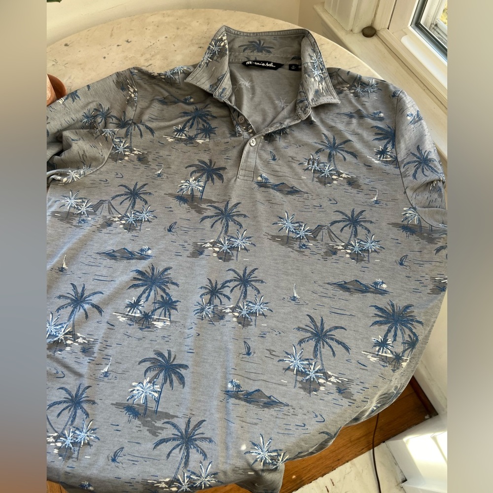 Travis Mathew Golf Polo Men's XL Short Sleeve Gray Palm All Over Print
